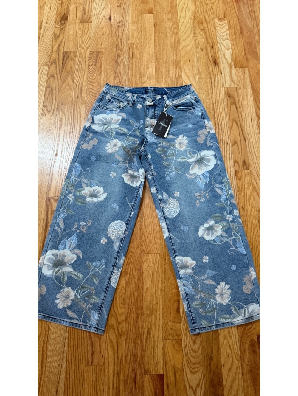 Flamingals Women's Medium Blue Floral Print Wide Leg Denim Jeans - Picture 2 of 5